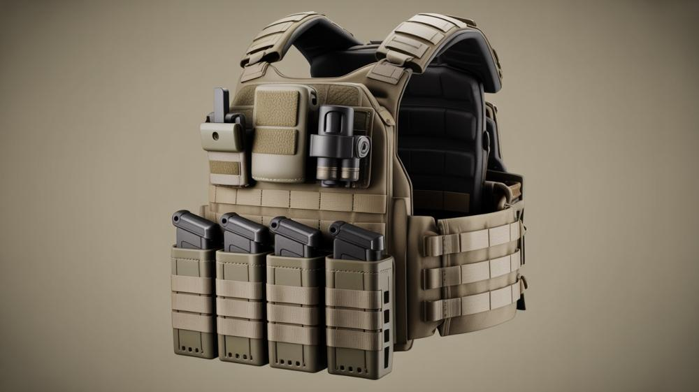 Airsoft plate carrier with four open-top rifle magazine pouches on the front panel, admin pouch and flashlight mount above, shown from a three-quarter angle