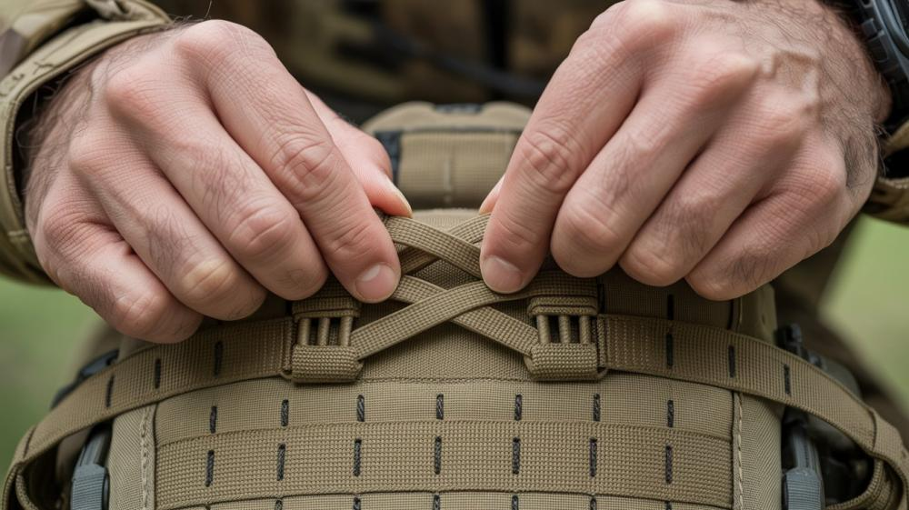 Close-up of hands weaving a MOLLE attachment strap through PALS webbing in an alternating over-under pattern, showing the correct X-style weave between platform and pouch