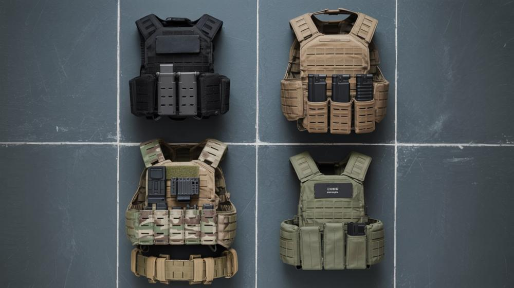 Four airsoft MOLLE loadouts compared side by side: a black CQB micro chest rig, a coyote brown woodland plate carrier with three magazines, a multicam MilSim plate carrier with radio and admin gear, and an olive green sniper rig with side-mounted magazines